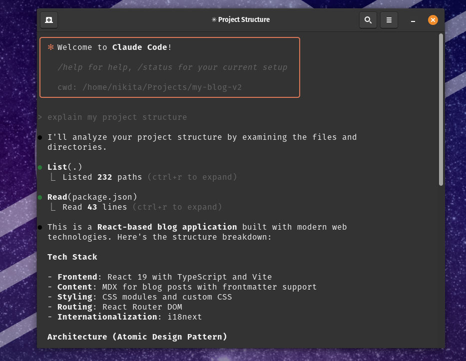 Claude Code terminal interaction showing AI-assisted development workflow