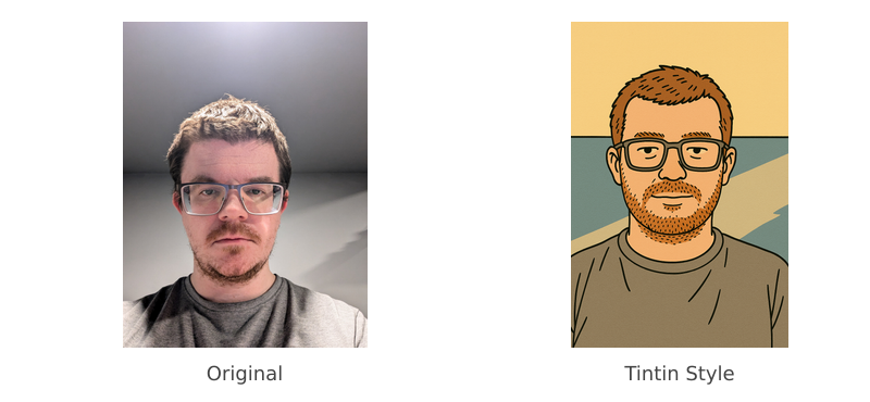 Before/after comparison of original selfie vs. Tintin version